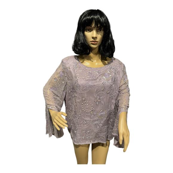 Adrianna Papell Occasions silk Lavender sequin beaded sheer sleeve top size 20W - Picture 13 of 15